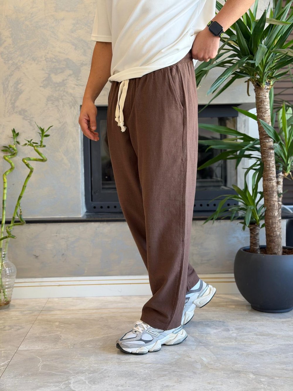 Erkek Relaxed Fit Beli Lastik ve Bağcıklı Keten Pantolon Kahverengi Eca062