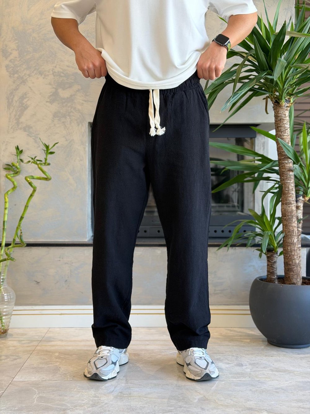 Erkek Relaxed Fit Beli Lastik ve Bağcıklı Keten Pantolon Siyah Eca062