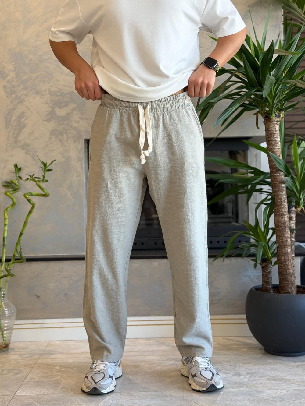 Erkek Relaxed Fit Beli Lastik ve Bağcıklı Keten Pantolon Haki Eca062