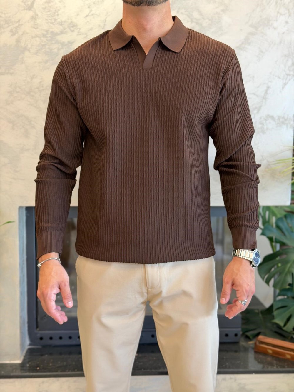 Erkek Relaxed Fit  Kapamasız Polo Kazak Acı Kahve Eca092