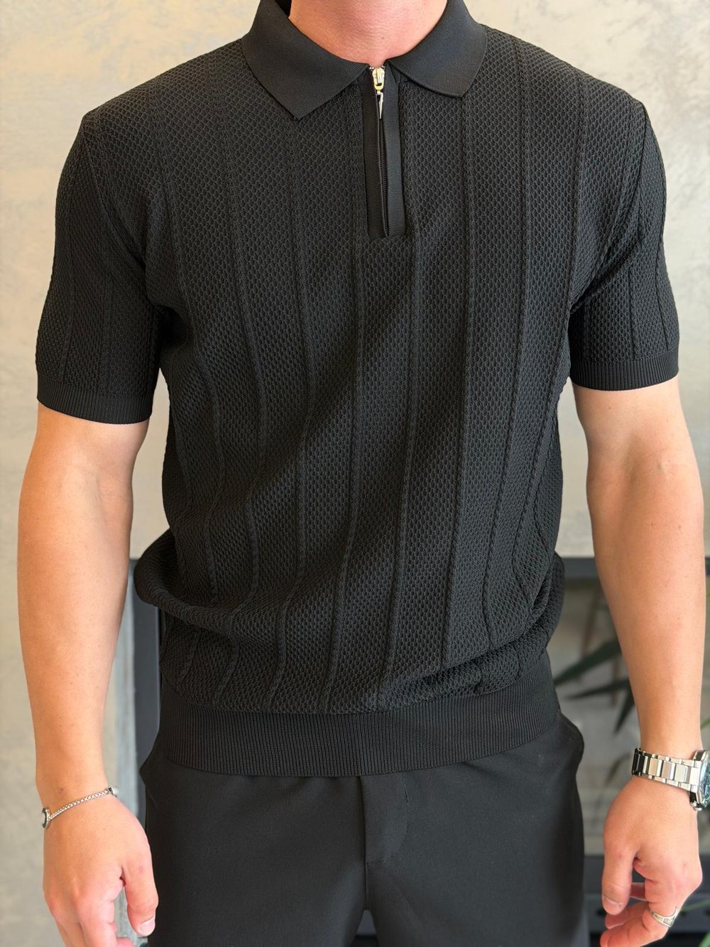 Erkek Relaxed Fit Petek Dokulu Triko Tshirt Siyah Eca075