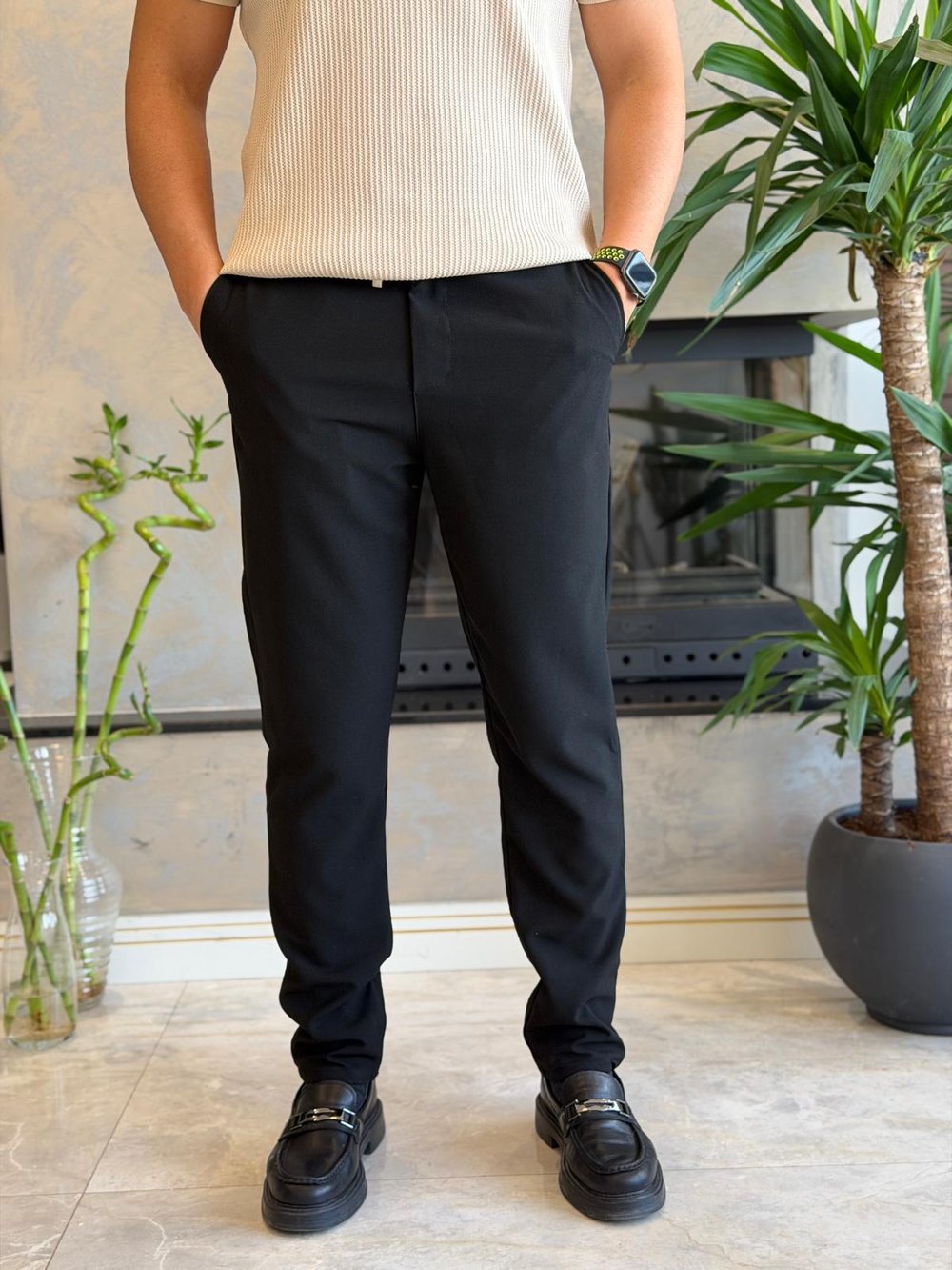 Erkek Slim Fit Beli Lastik ve Bağcıklı Keten Pantolon Siyah Eca063