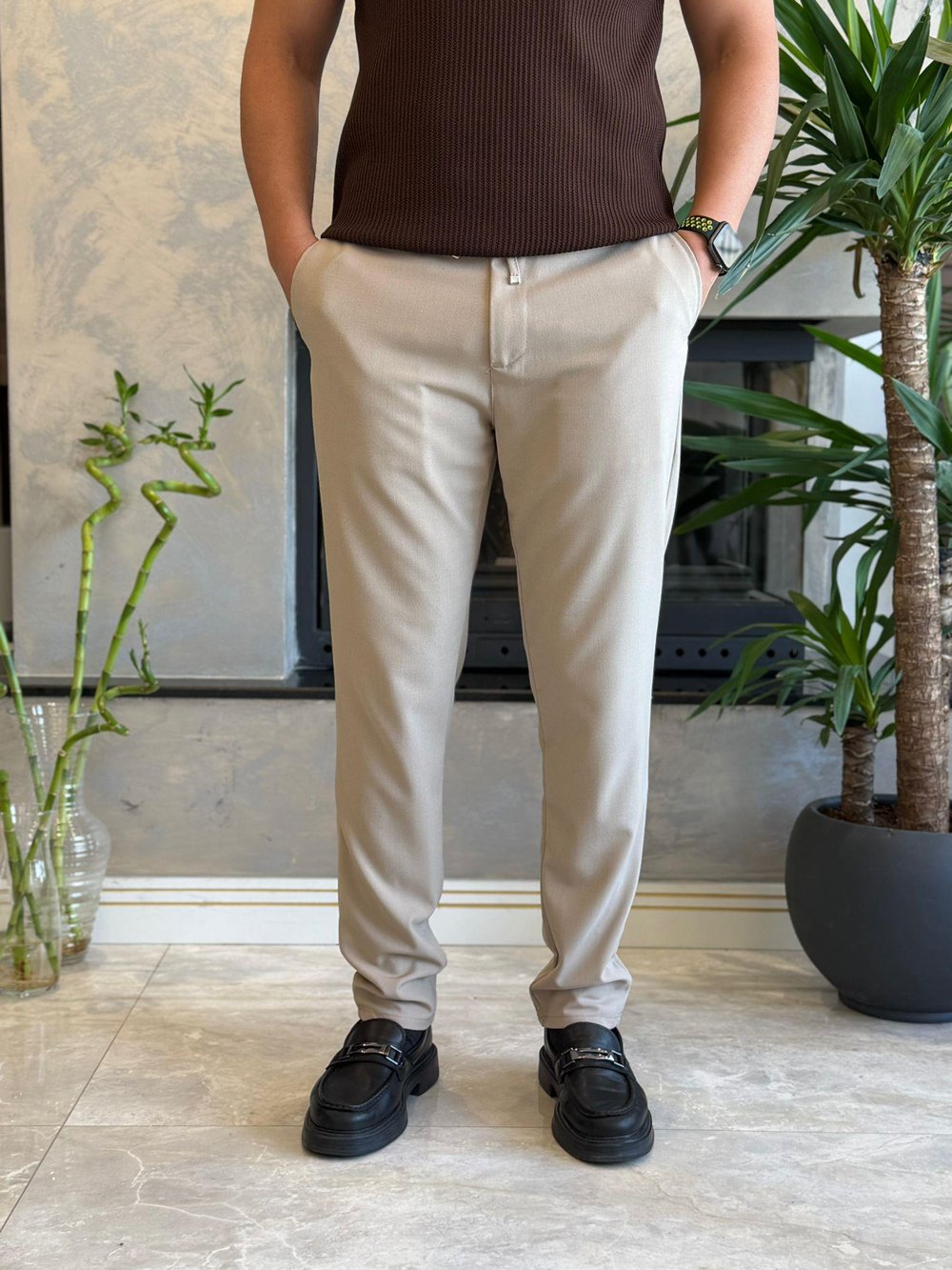 Erkek Slim Fit Beli Lastik ve Bağcıklı Kumaş Pantolon Bej Eca063