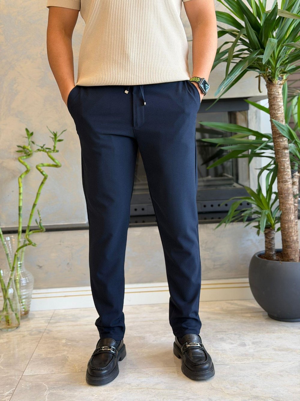 Erkek Slim Fit Beli Lastik ve Bağcıklı Kumaş Pantolon Lacivert Eca063