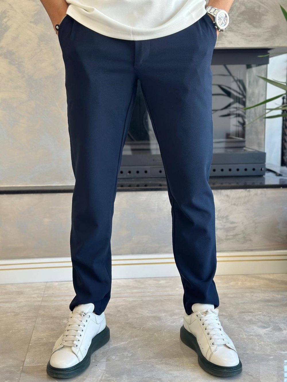 Erkek Slim Fit Kalıp Beli Lastikli Kumaş Pantolon Lacivert  Eca040