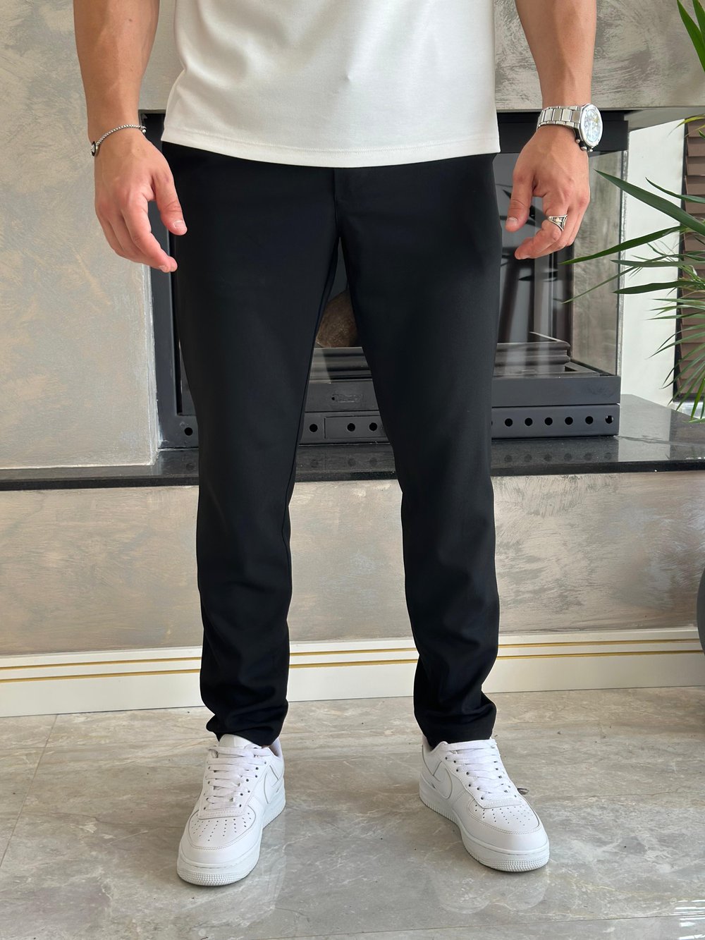 Erkek Slim Fit Kalıp Beli Lastikli Kumaş Pantolon Siyah   Eca040
