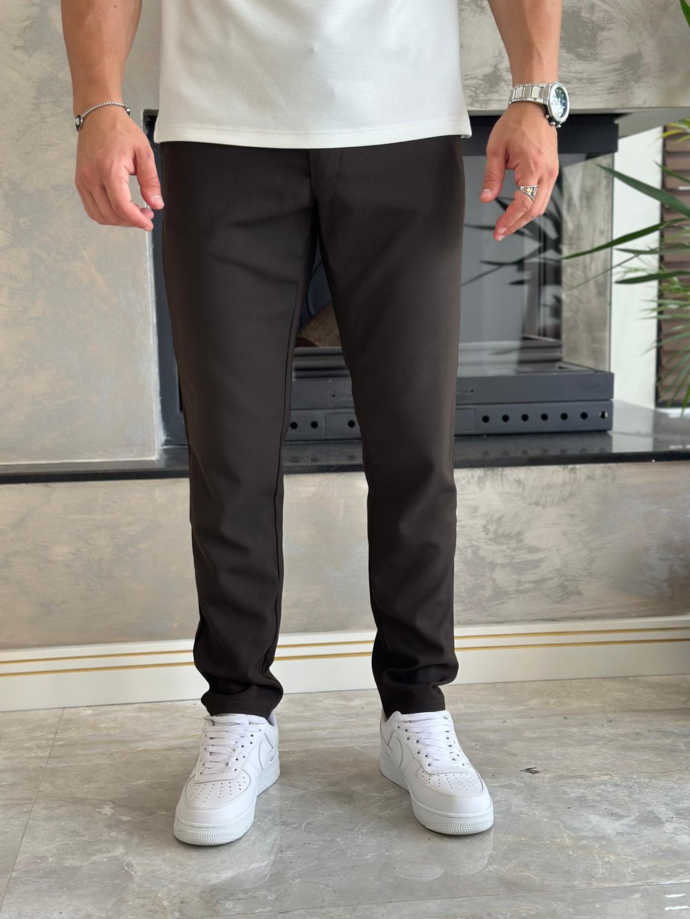 Erkek Slim Fit Kalıp Beli Lastikli Kumaş Pantolon Kahverengi  Eca040