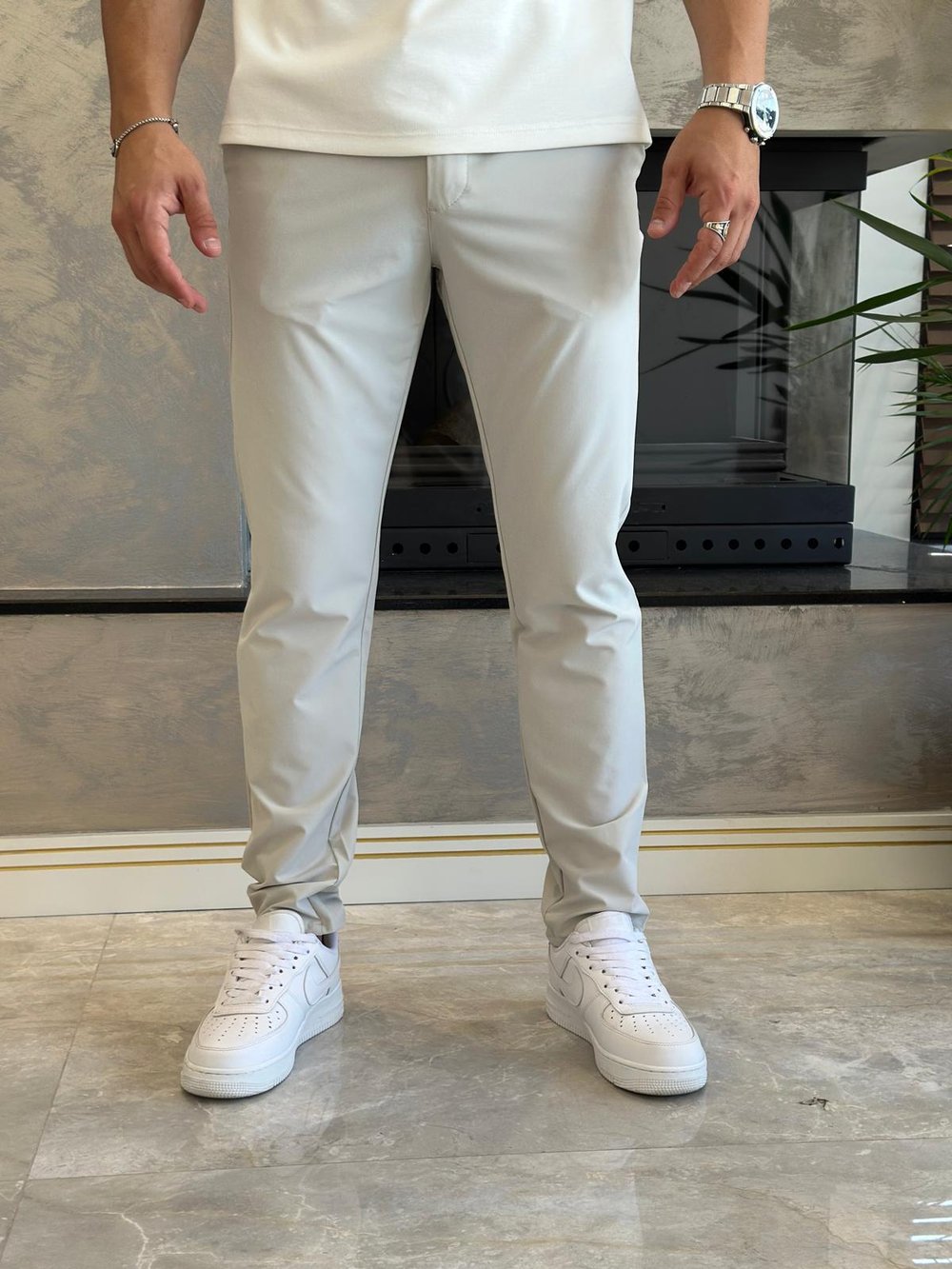 Erkek Slim Fit Kalıp Beli Lastikli  ve Bağcıklı Paraşüt Kumaş Pantolon Gri  Eca041