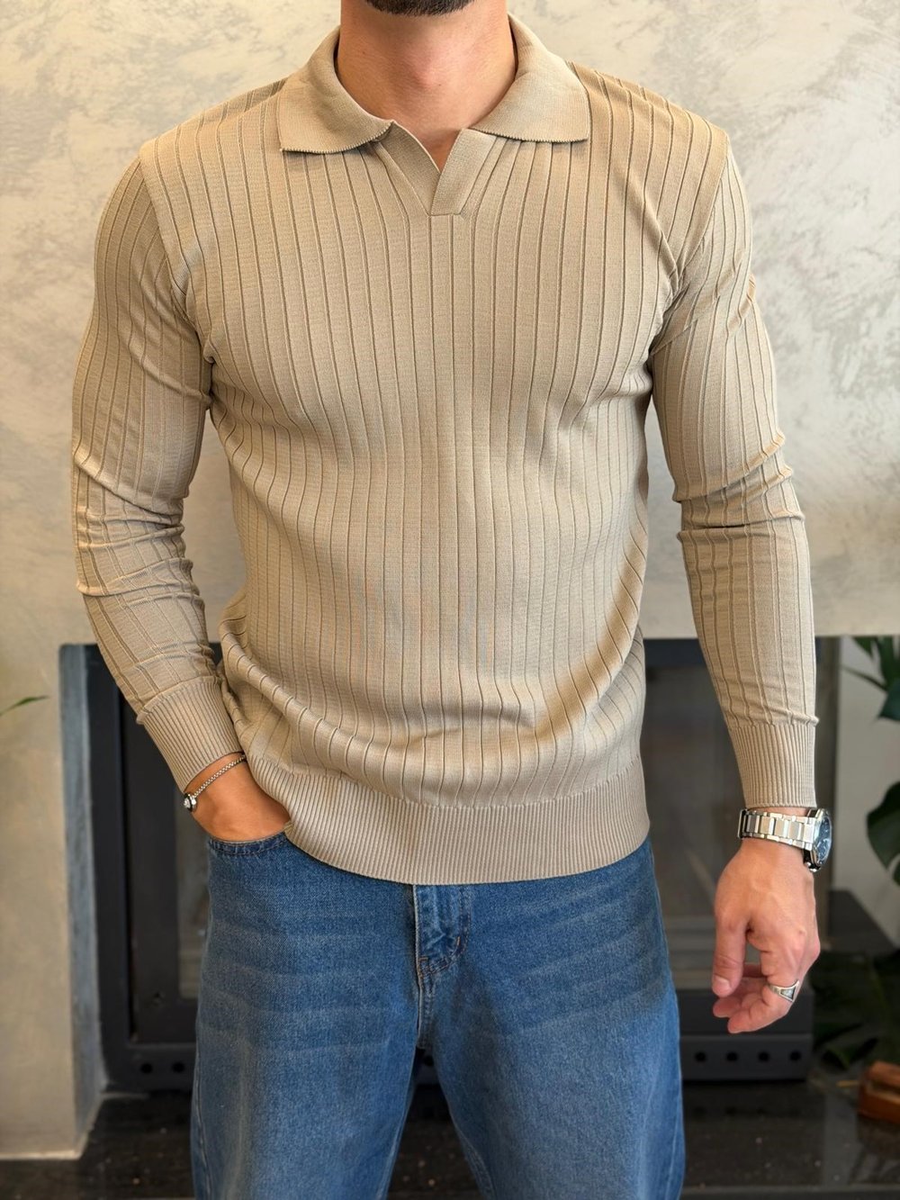 Erkek Slim Fit  Kapamasız Polo Kazak Bej Eca093