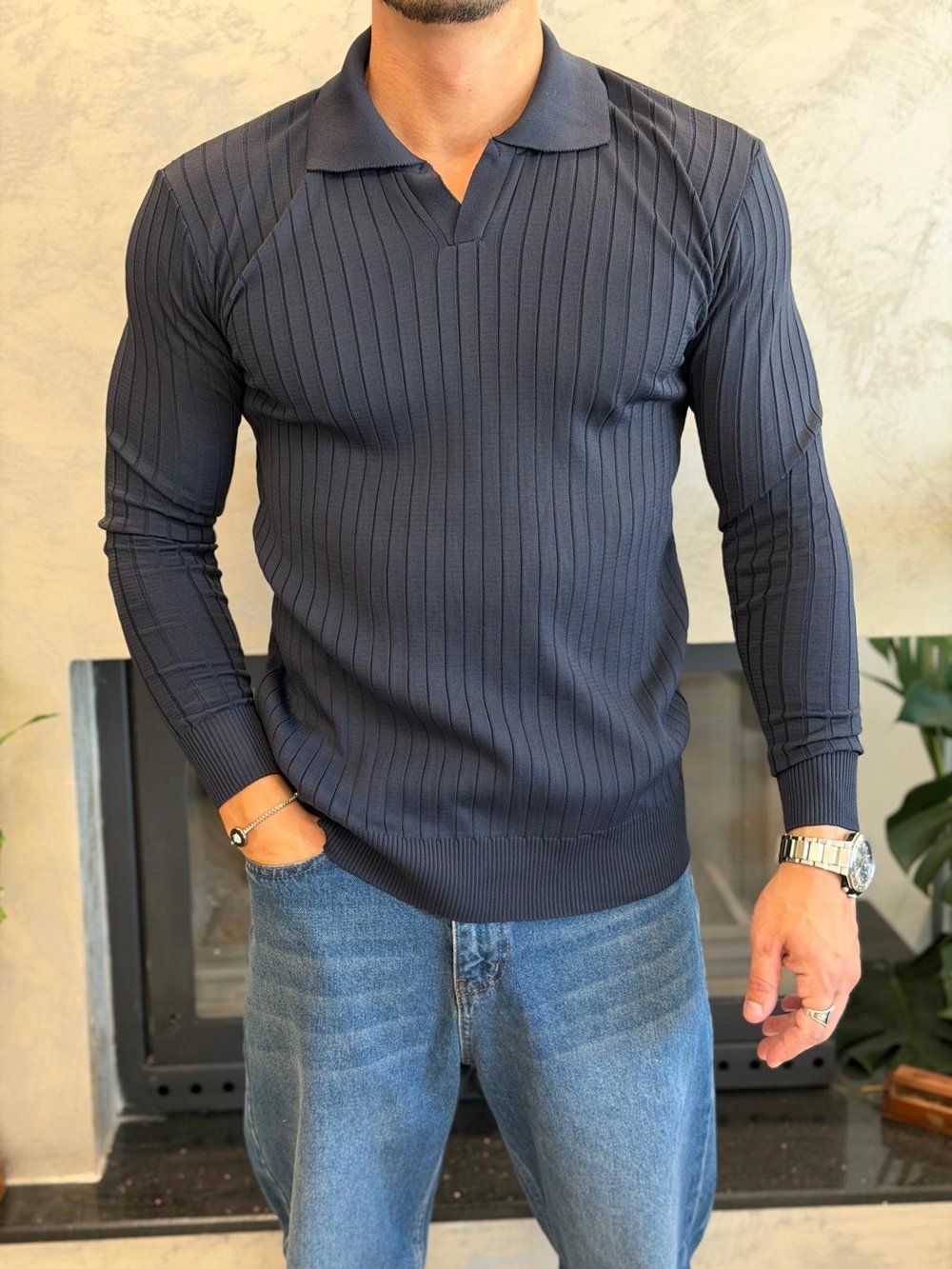 Erkek Slim Fit  Kapamasız Polo Kazak Lacivert Eca093