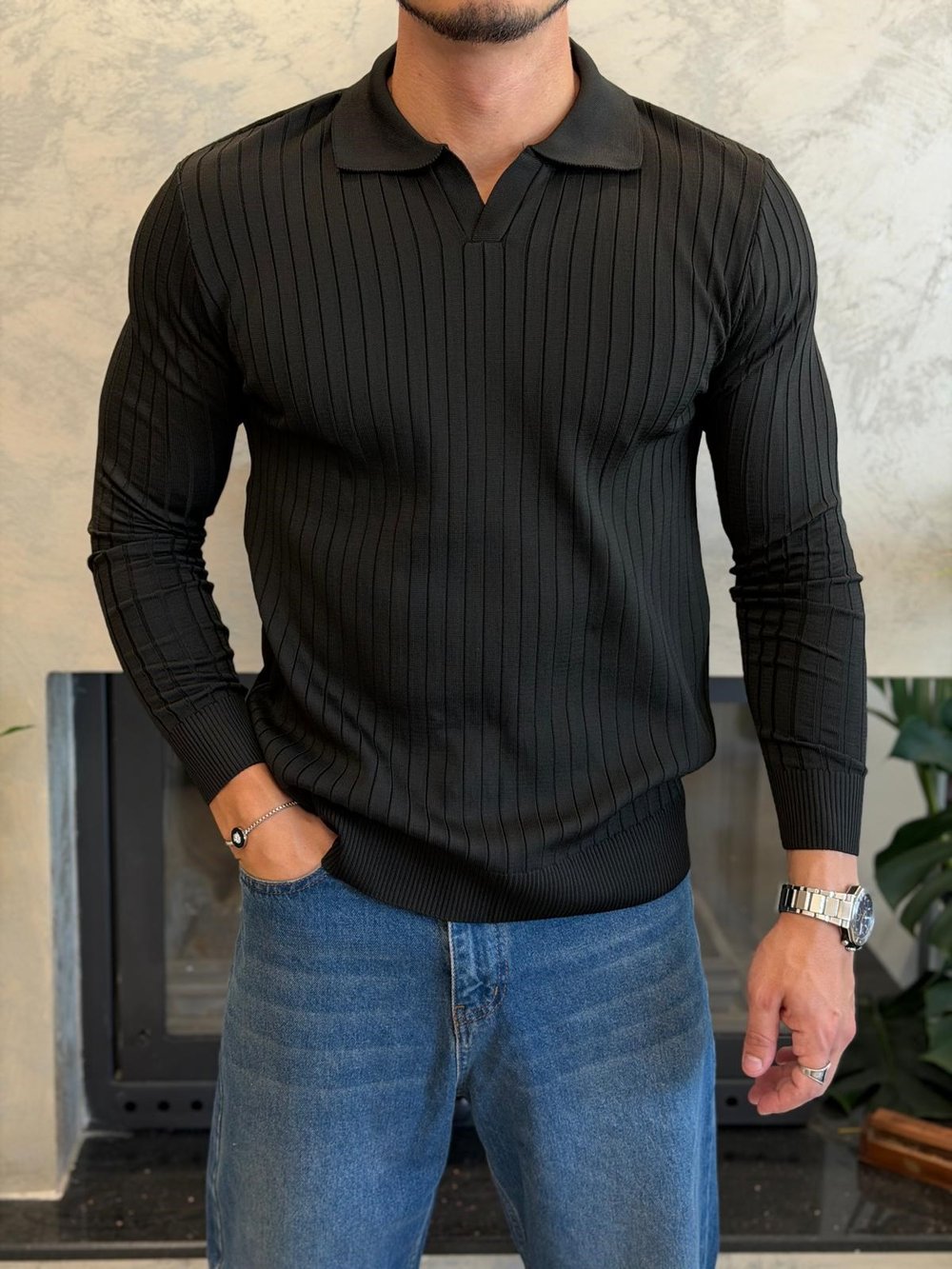 Erkek Slim Fit  Kapamasız Polo Kazak Siyah Eca093