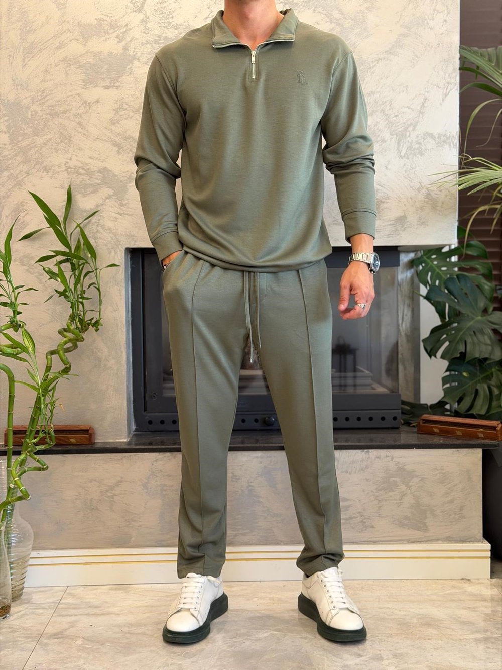 Erkek Slim Fit  Modal Kumaş Alt Üst Takım Haki Eca094