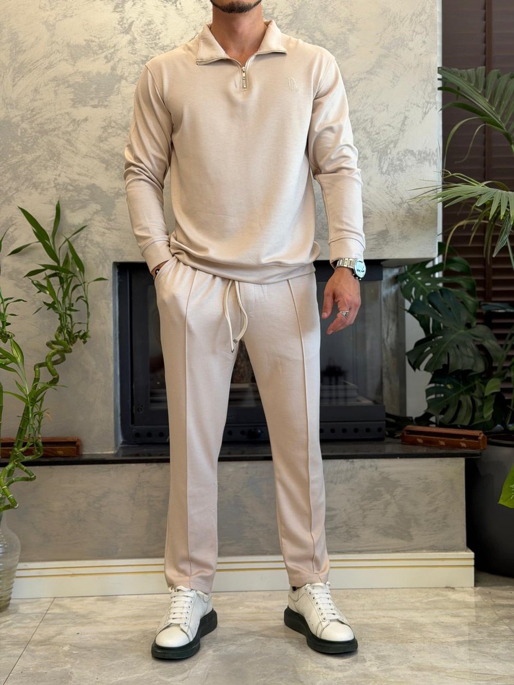 Erkek Slim Fit  Modal Kumaş Alt Üst Takım Pudra Eca094