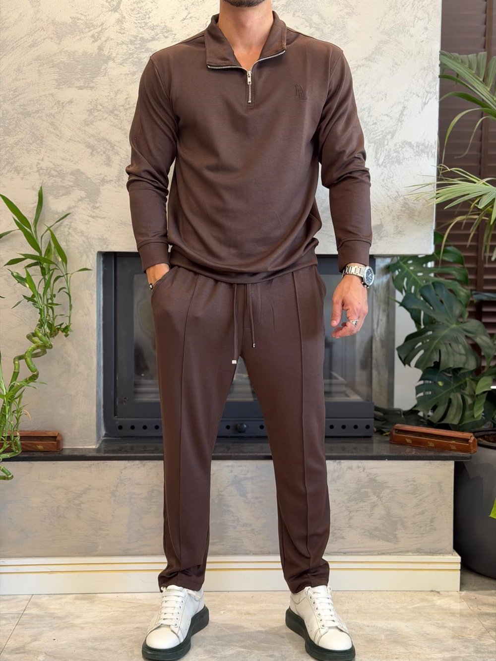 Erkek Slim Fit  Modal Kumaş Alt Üst Takım Acı Kahve Eca094