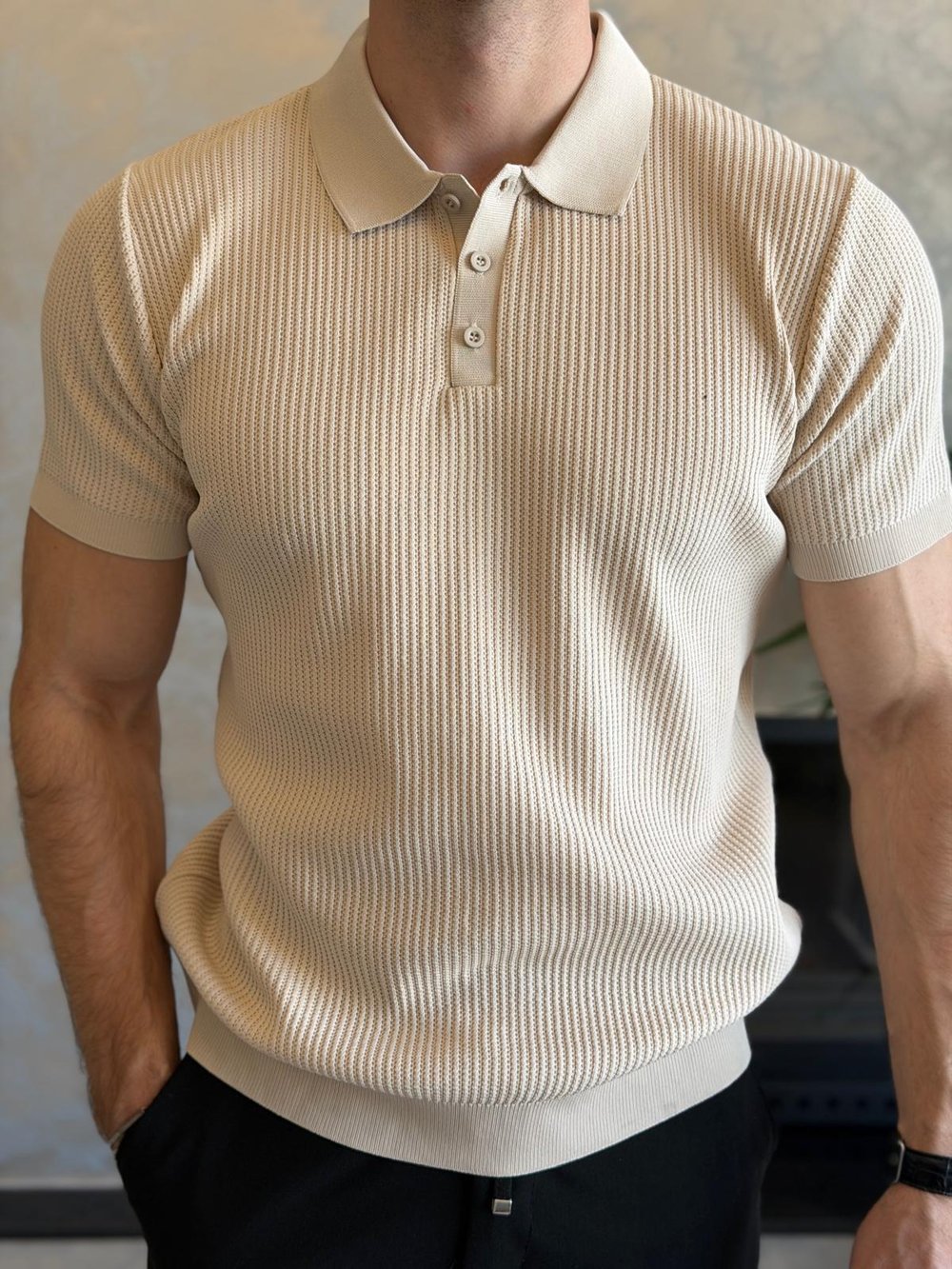 Erkek Slim Fit Polo Yaka Düğme Detaylı Dokulu Tshirt Bej Eca058