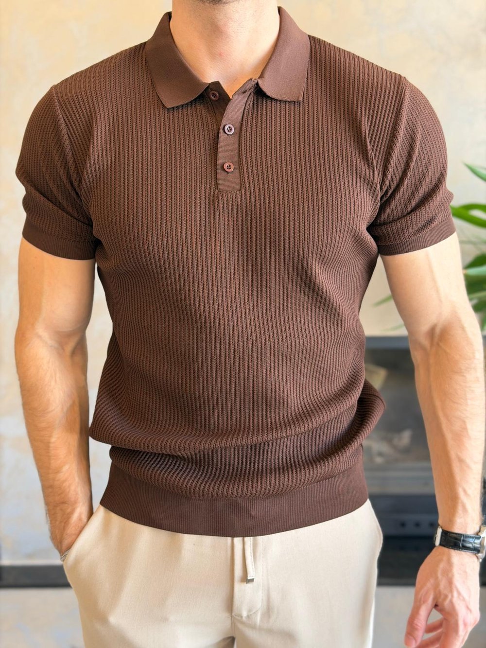 Erkek Slim Fit Polo Yaka Düğme Detaylı Dokulu Tshirt Acı Kahve Eca058