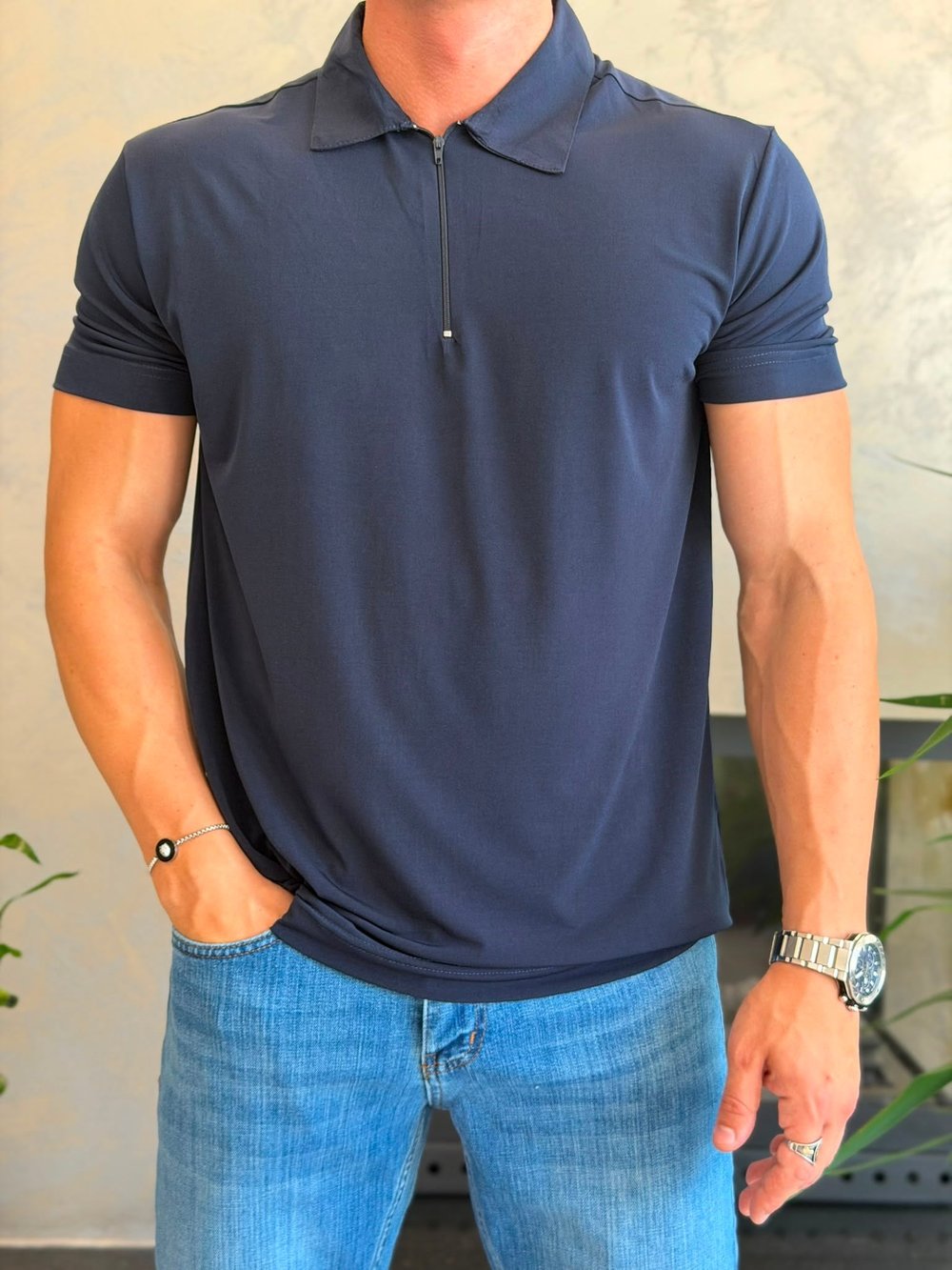 Erkek Soft Touch Fermuarlı Polo Tshirt  Lacivert Eca088