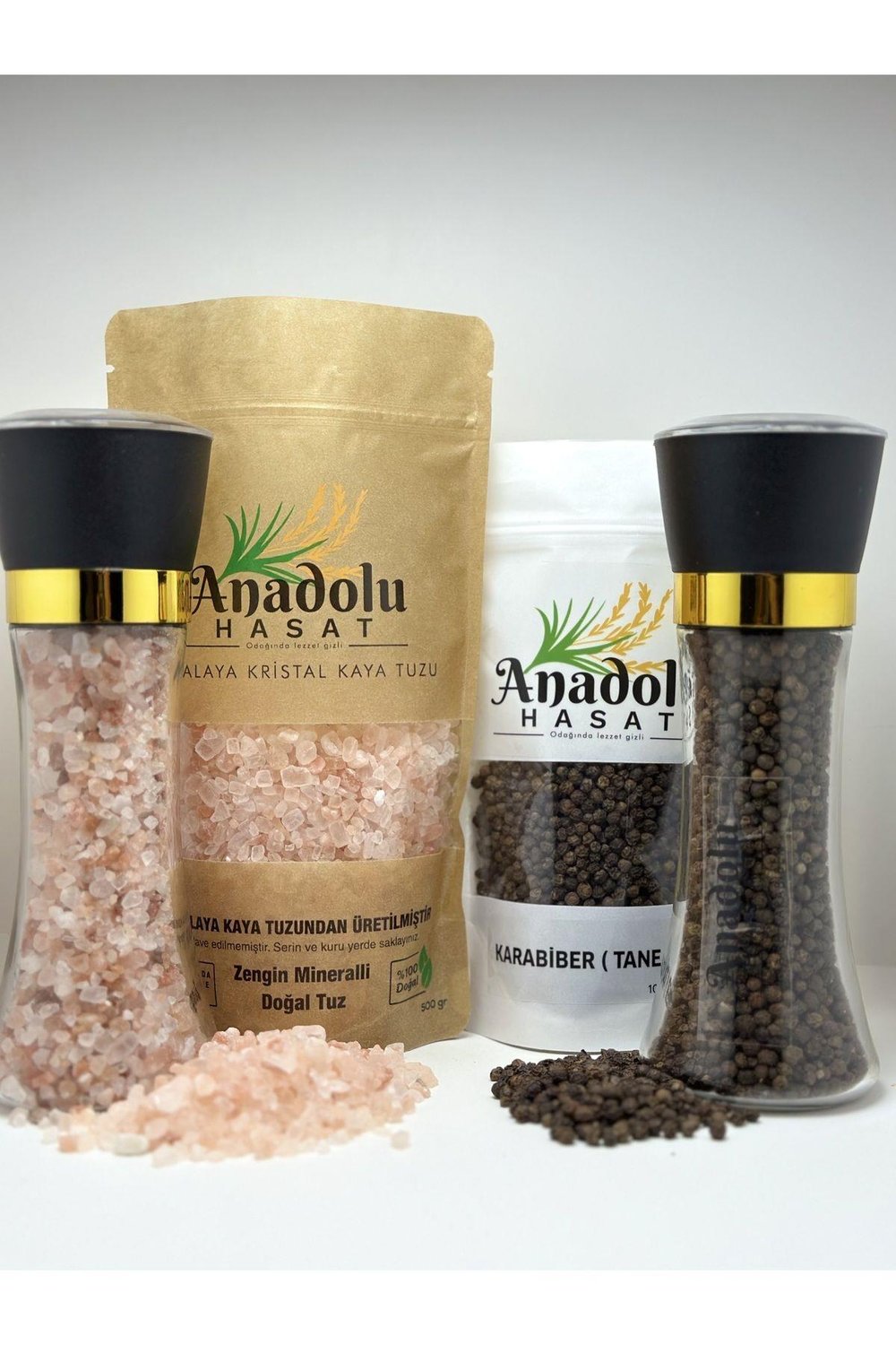 4'LÜ SET- HİMALAYA SOFRADA ÖĞÜTME KAYA TUZU 500GR + 100 GR TANE KARABİBER+2ADET 200GR DEĞİRMEN