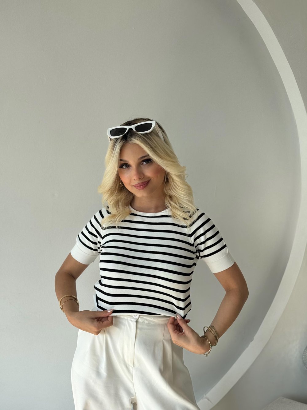 Çizgili Triko Tshırt Beyaz