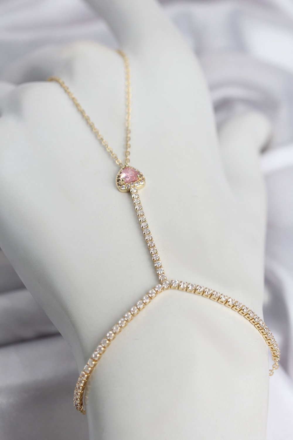 Gold Renk Pirinç Zirkon Taşlı Pembe Kalp Model Şahmeran