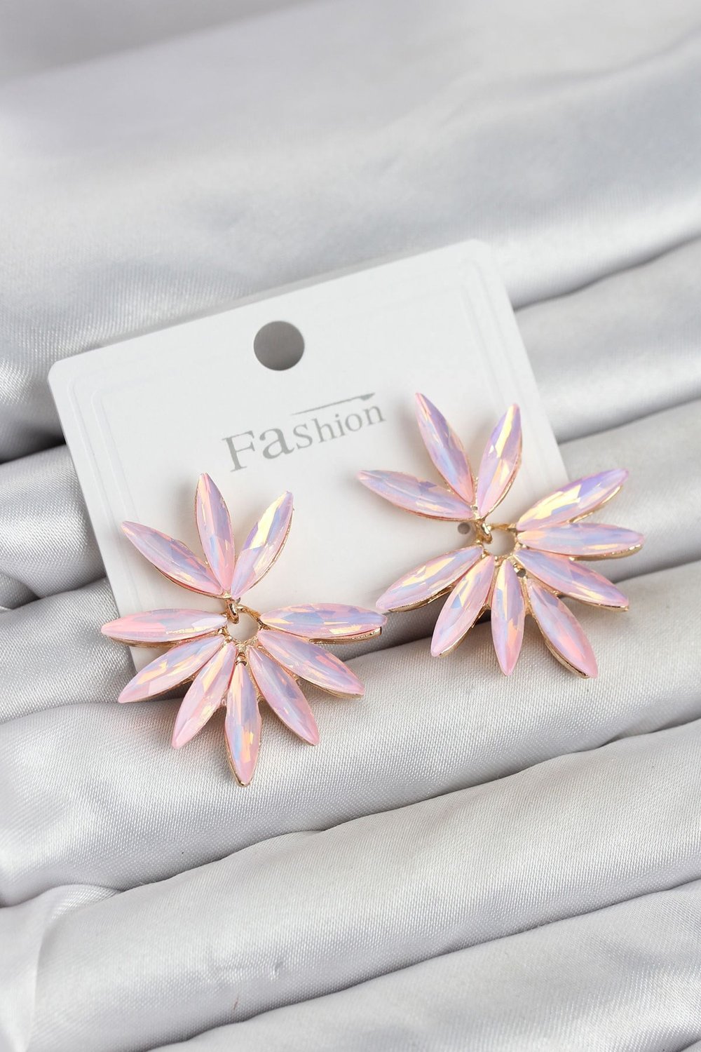 Pembe Renk Kristal Taşlı Lotus Model Kadın Küpe