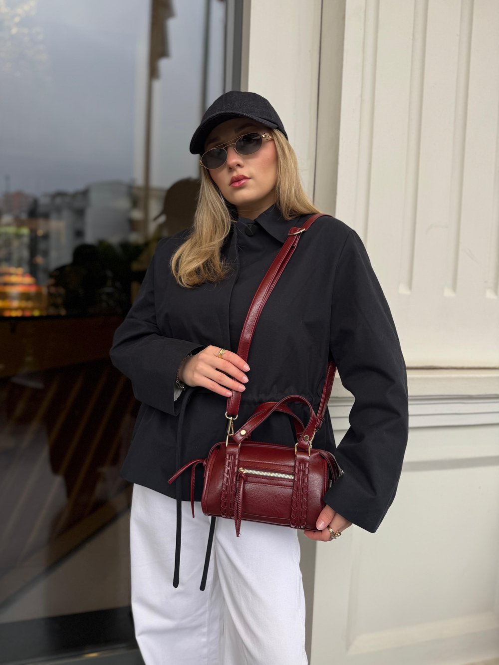 Bordo Örgü Ve İp Detaylı Çapraz Askılı Çanta