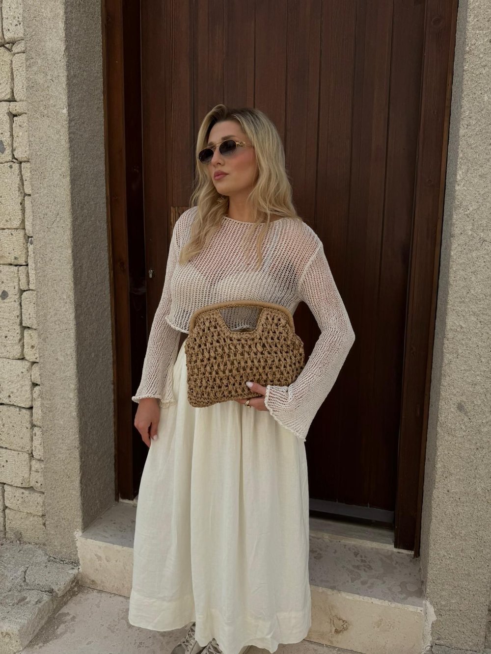 Camel Hasır Mng Clutch Çanta
