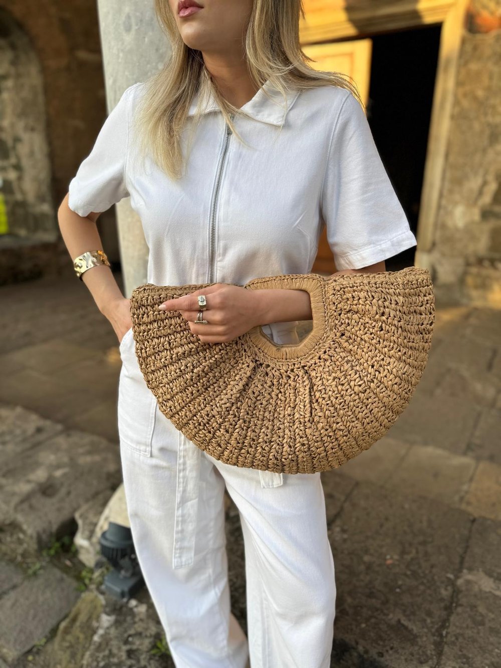 Camel Hasır Oval Çanta