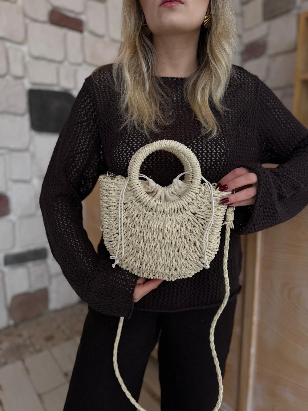 Krem Mini Oval Hasır Çanta