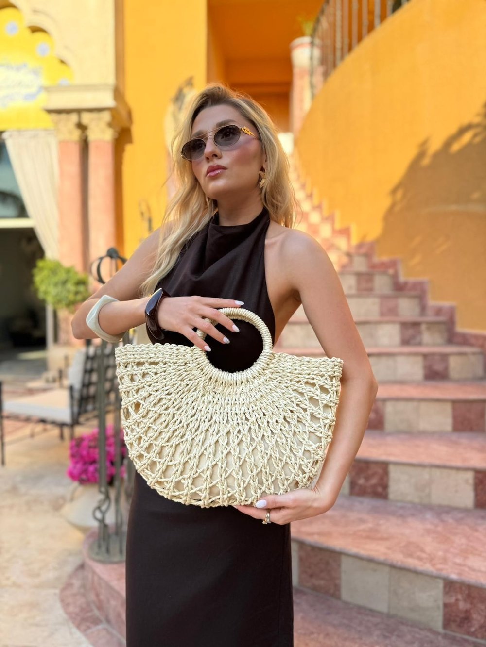 Krem Oval Charlotte Hasır Çanta