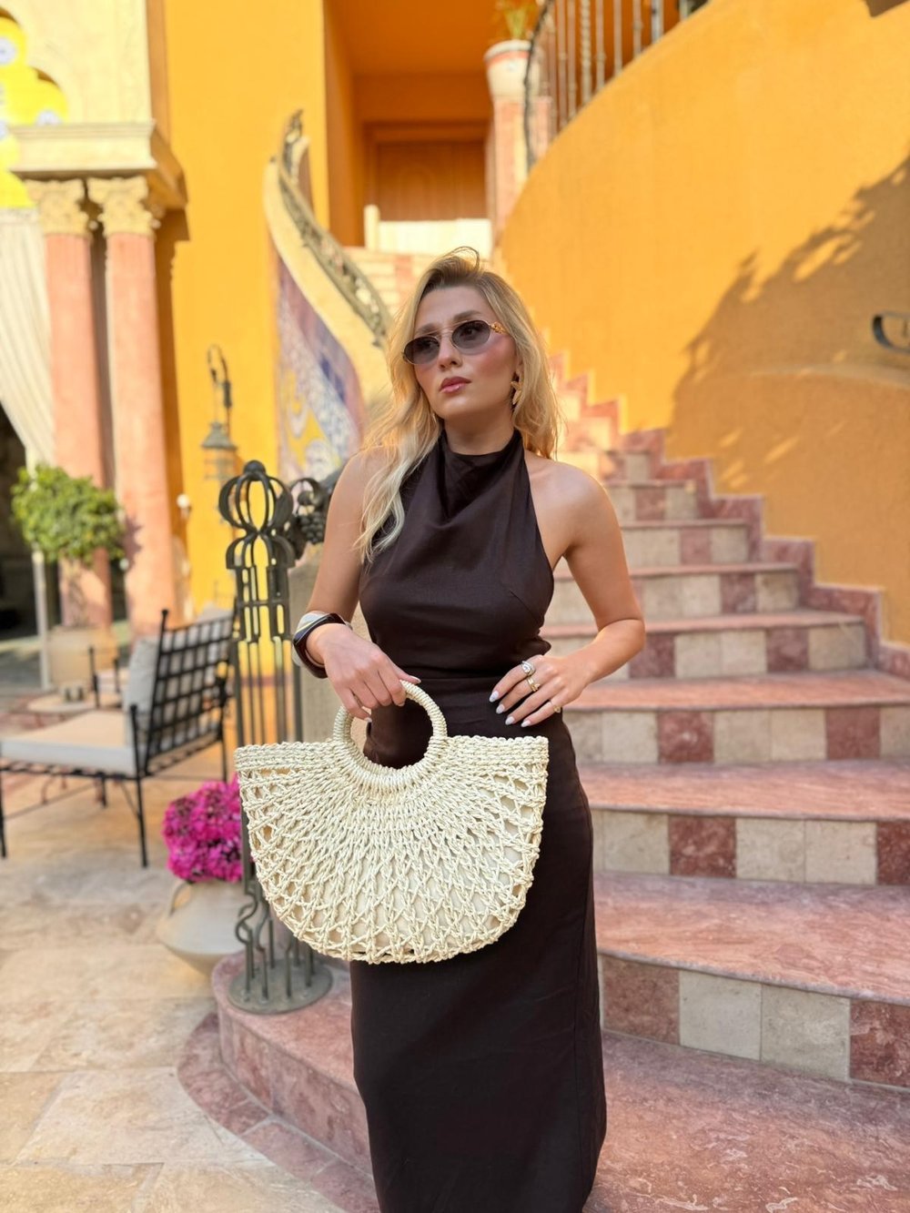 Krem Oval Charlotte Hasır Çanta