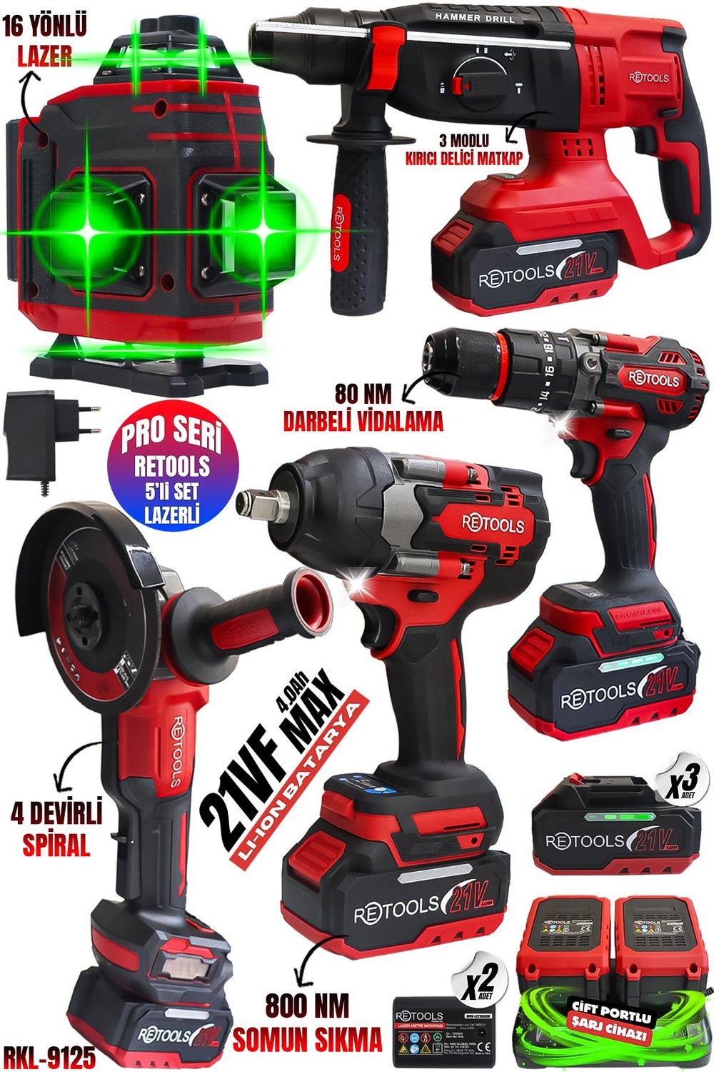RETOOLS PRO SERİ 800 NM'li 5'li SET (LAZERLİ) – 21V/4.0 Lİ-İON BATARYALI
