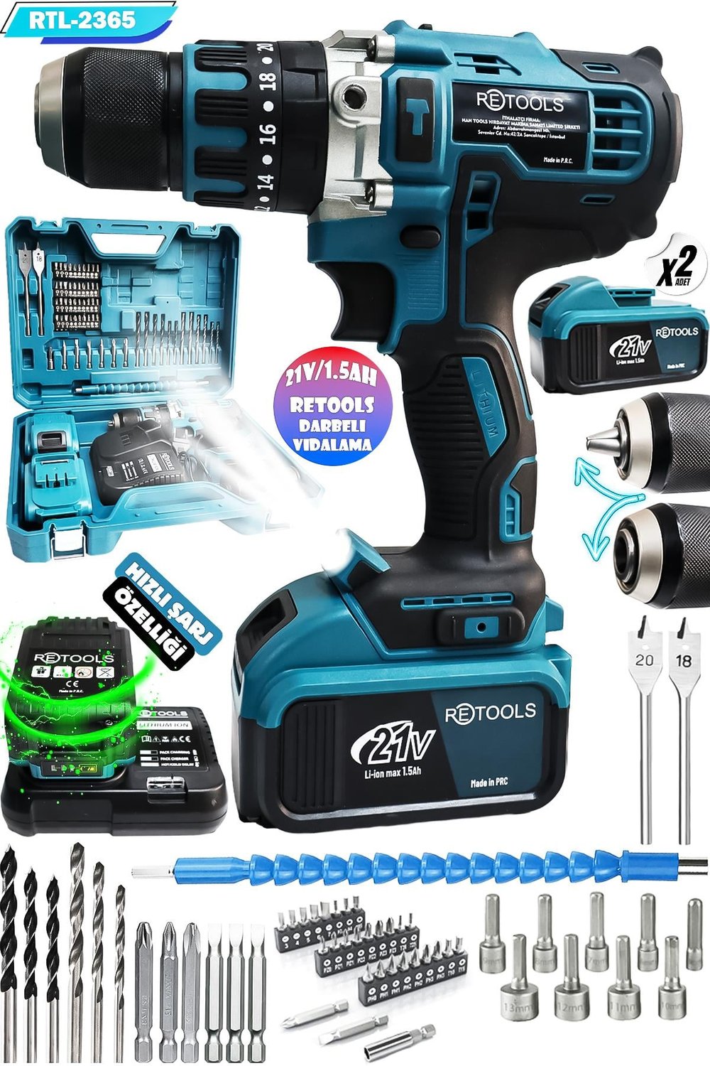 RETOOLS RTL-2365 21V/1.5Ah DARBE FONKSİYONLU ŞARJLI VİDALAMA SETİ