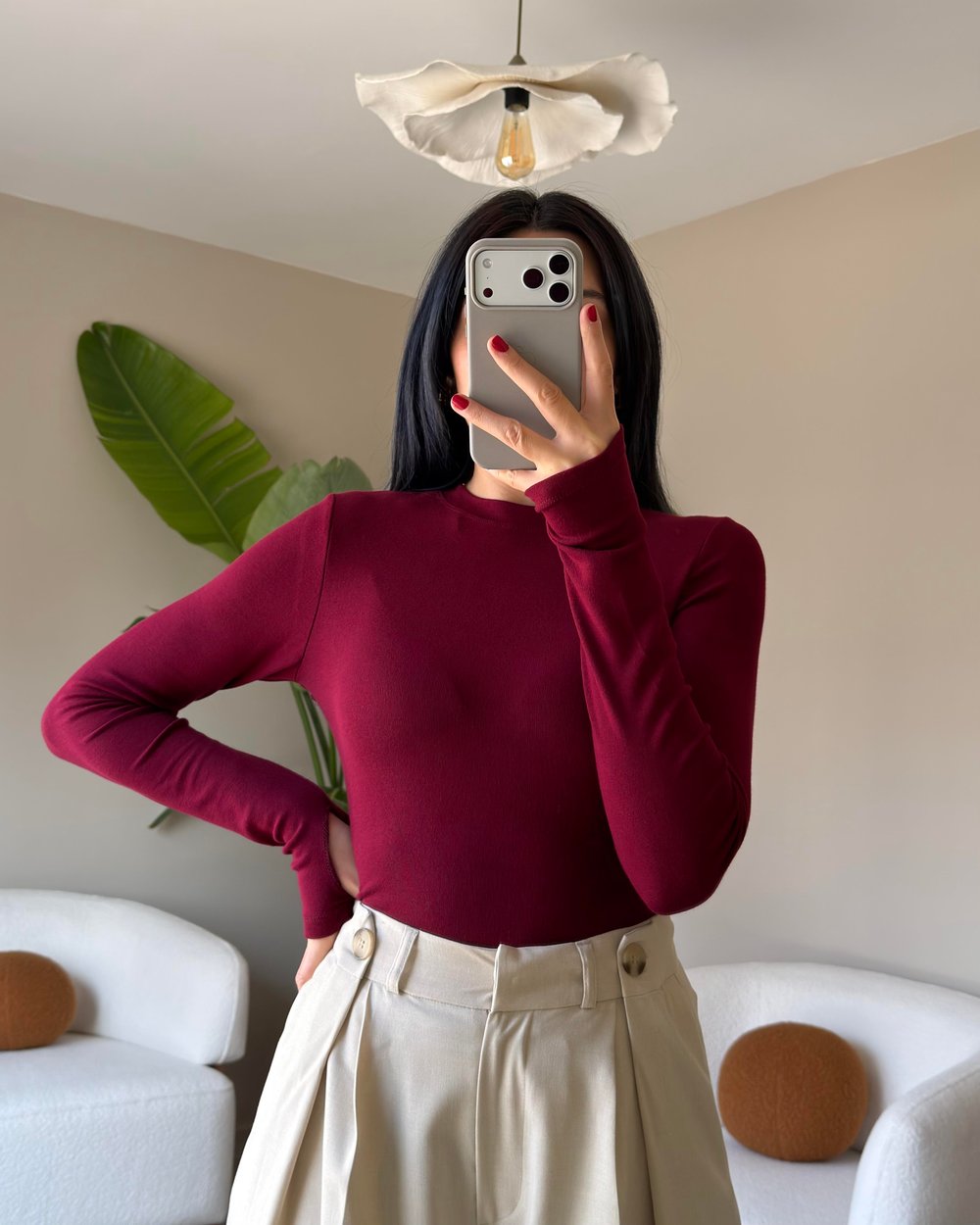 BORDO PARMAK GEÇMELİ BASİC BLUZ 