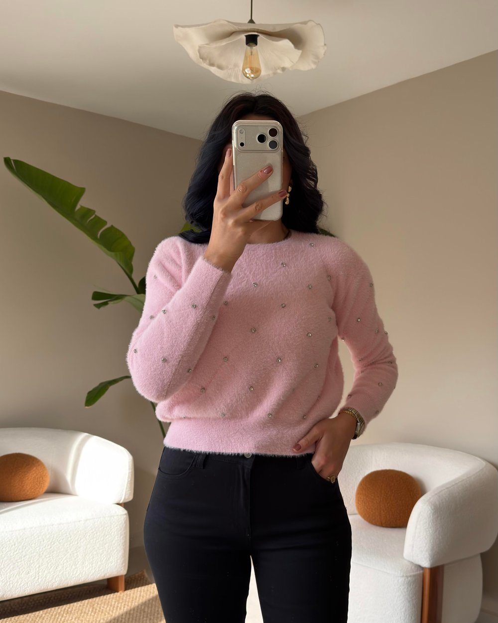 PEMBE TRİKO TAŞLI KAZAK