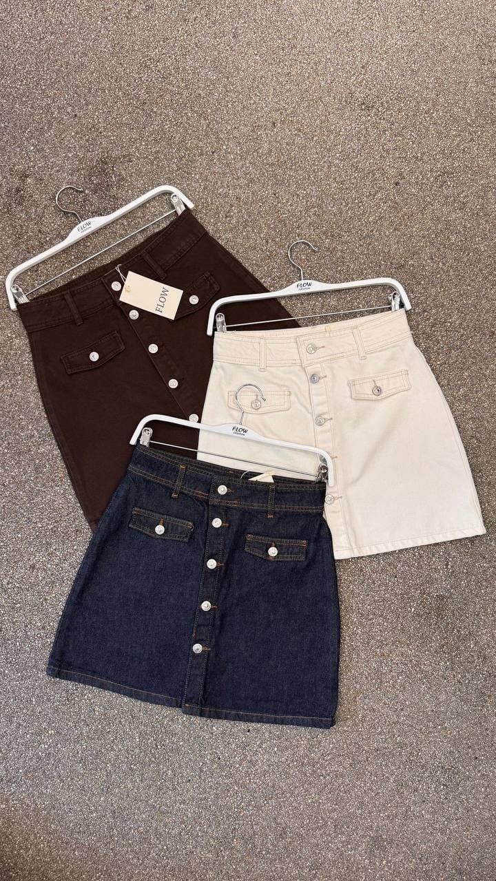 KAPAK CEPLİ DÜĞMELİ DENIM ETEK