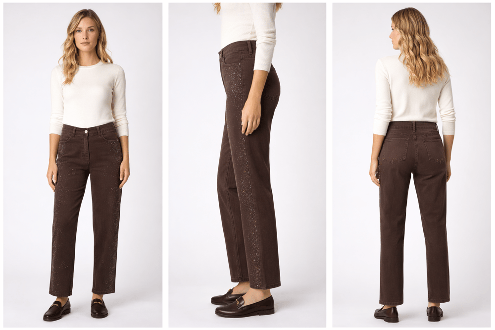 Taş Detaylı Premium Denim Pantolon – Işıltılı Kahverengi
