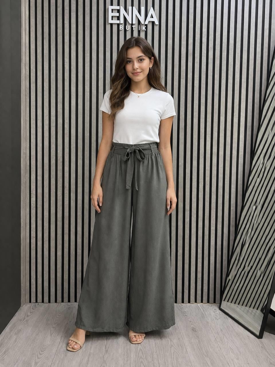 Tencel Bol Paça Pantolon – Bel Lastikli & Kuşak Detaylı Premium Rahat Seri