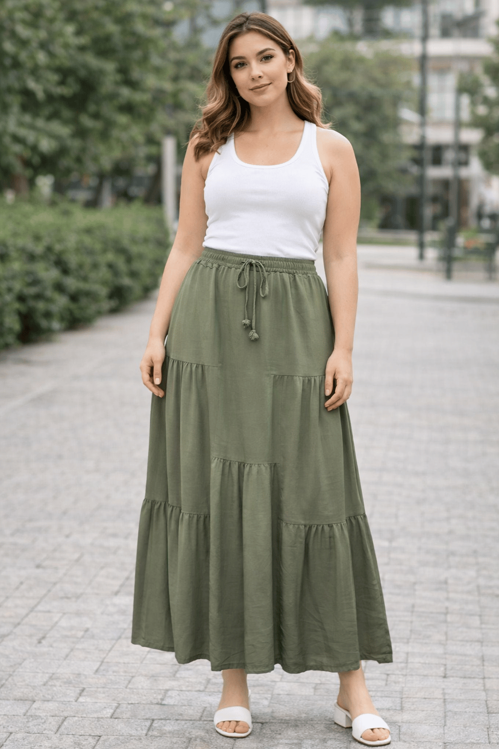 Tencel Dokulu Katlı Maxi Etek | Bel Lastikli & Bağcıklı