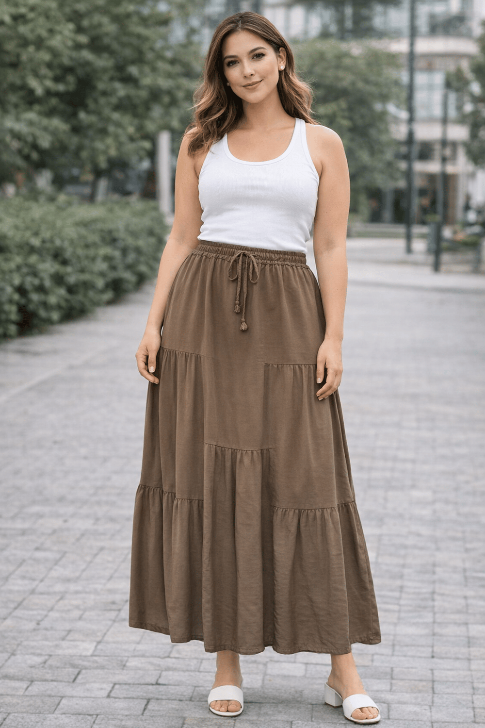 Tencel Dokulu Katlı Maxi Etek | Bel Lastikli & Bağcıklı