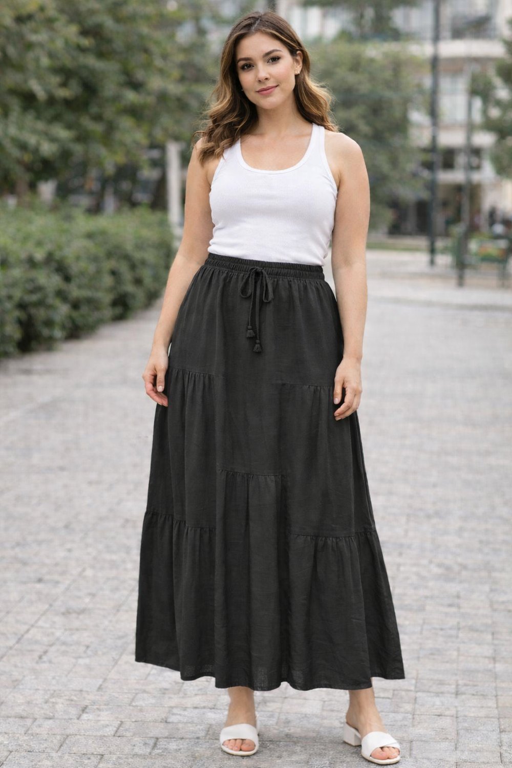 Tencel Dokulu Katlı Maxi Etek | Bel Lastikli & Bağcıklı
