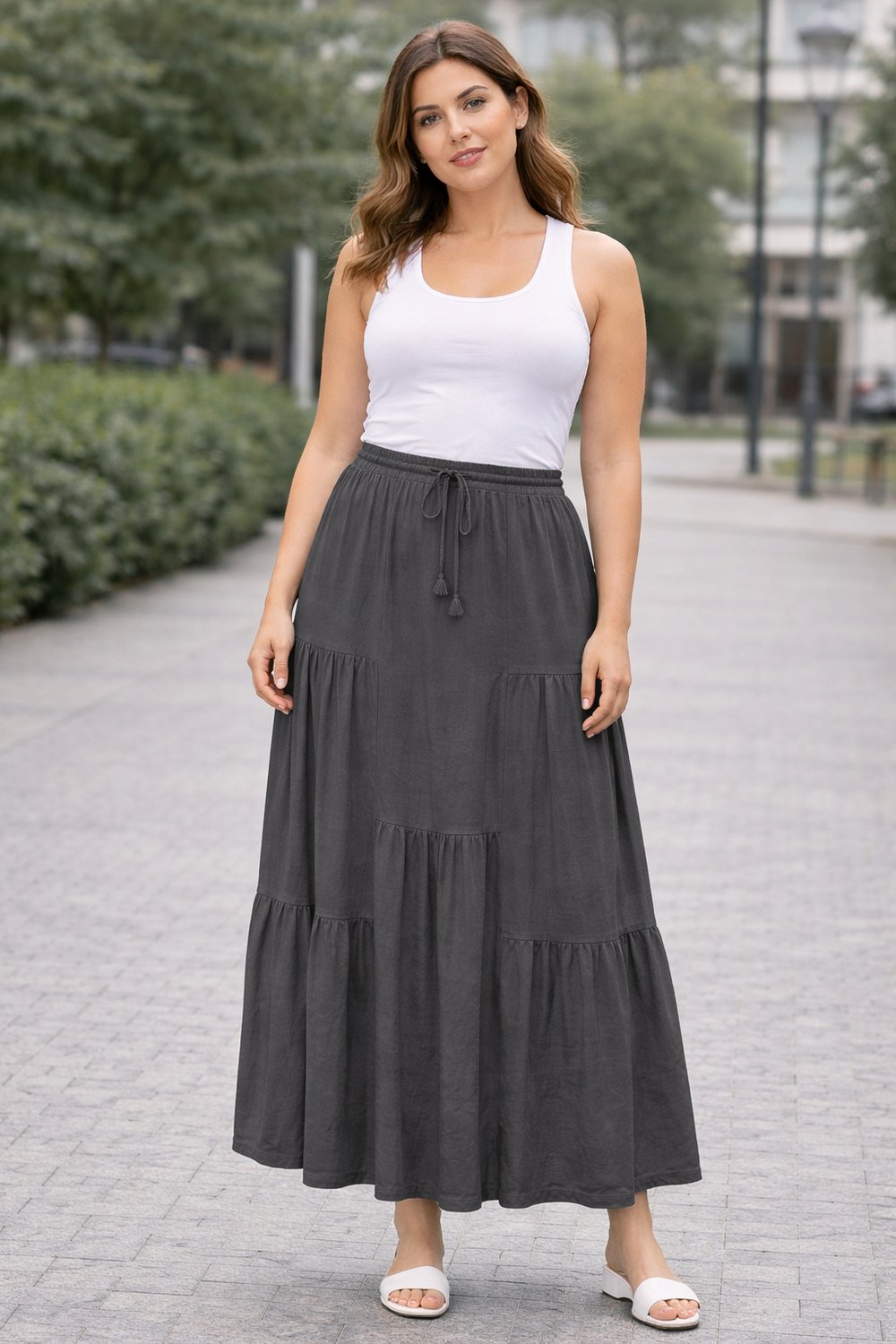 Tencel Dokulu Katlı Maxi Etek | Bel Lastikli & Bağcıklı