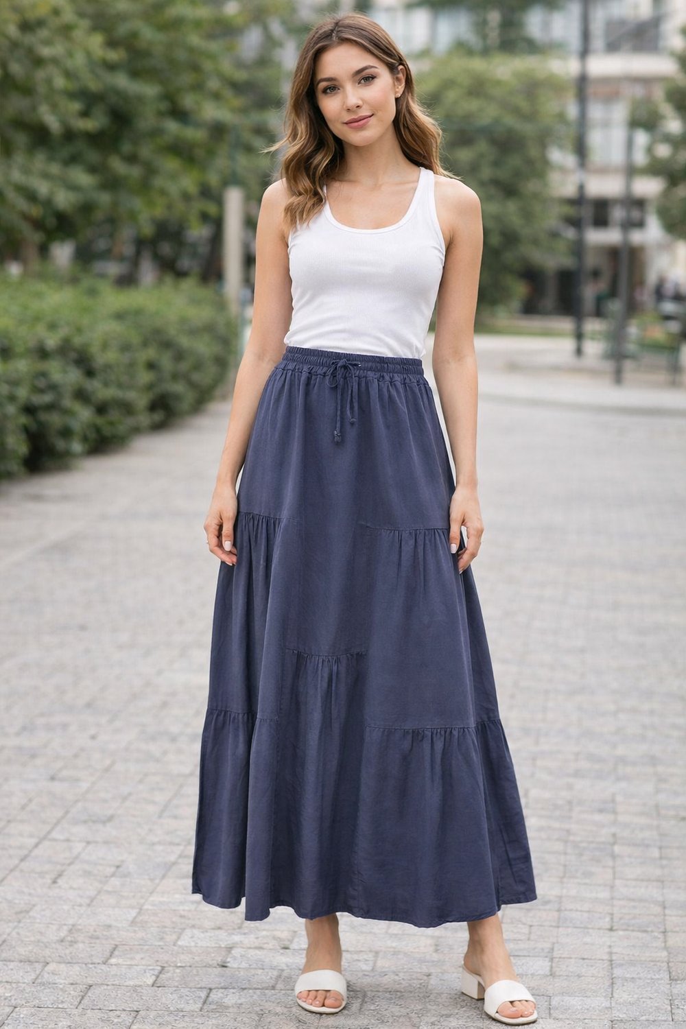 Tencel Dokulu Katlı Maxi Etek | Bel Lastikli & Bağcıklı