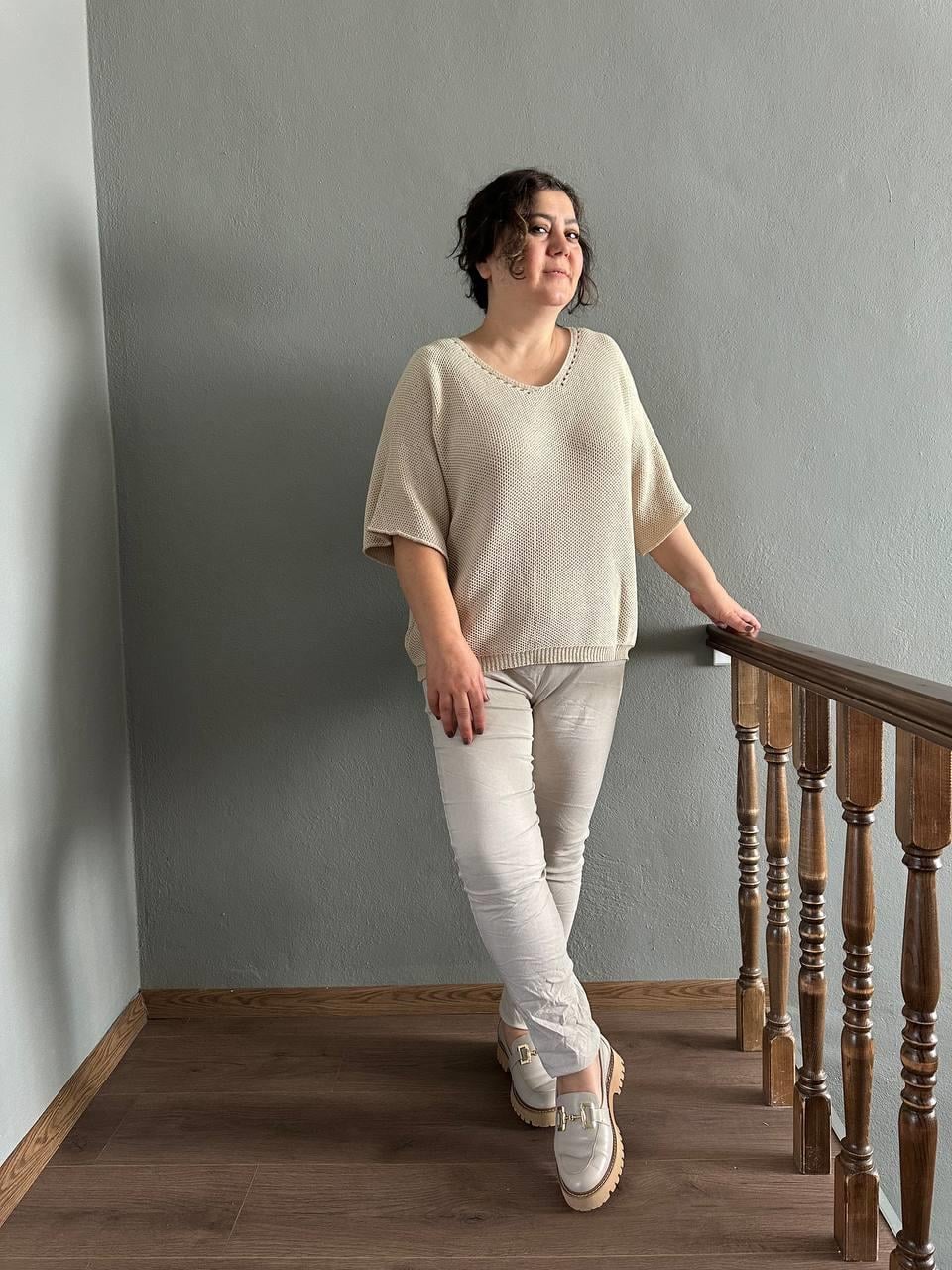 V Yaka Petek Örgü Merserize Bluz