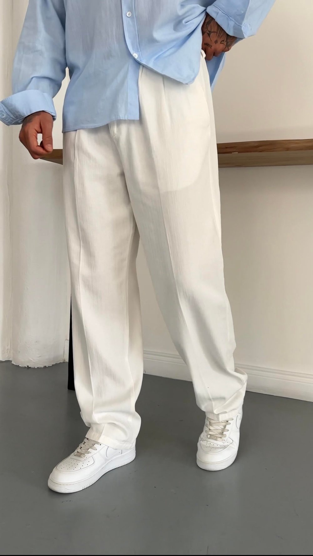 Baggy Çizgi Desen Kemerli Pamuk Pantolon