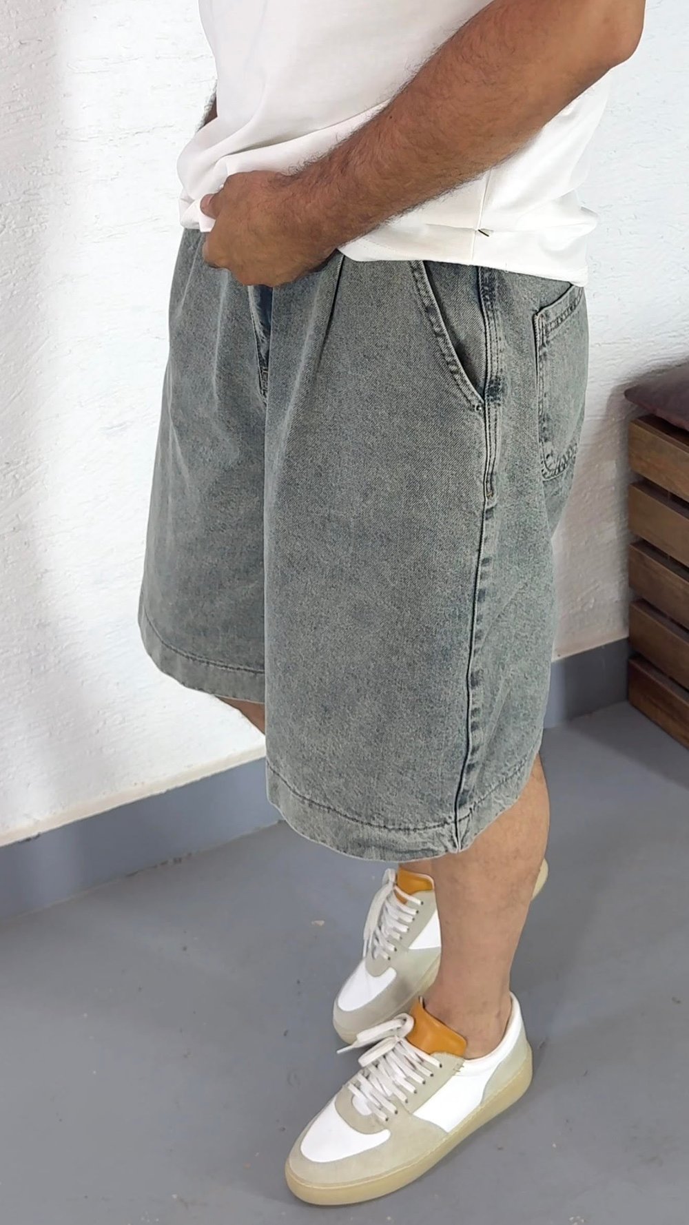 Eskitme Pile Detay Denim Baggy Şort