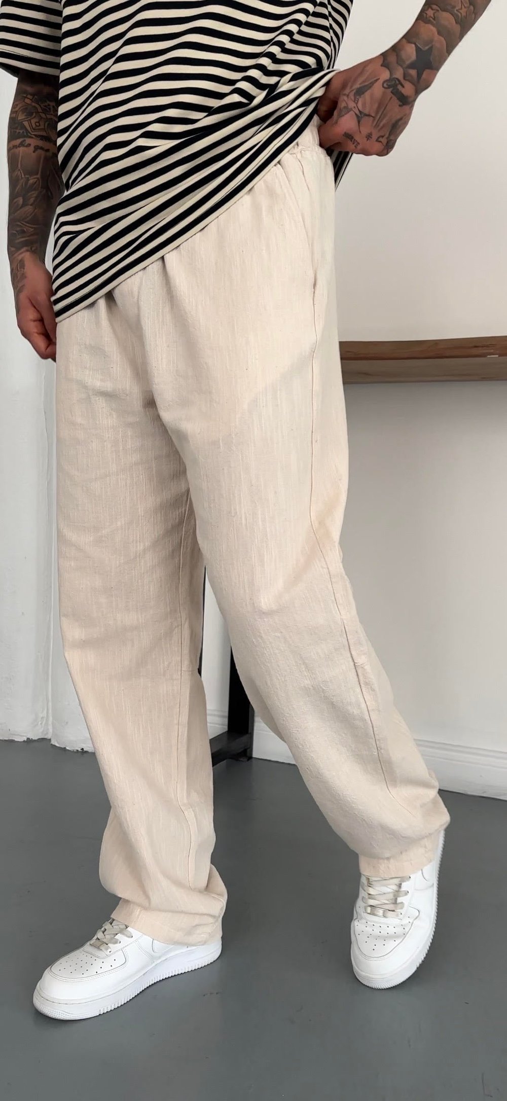 Nakış Detay Pamuk Keten Baggy Pantolon