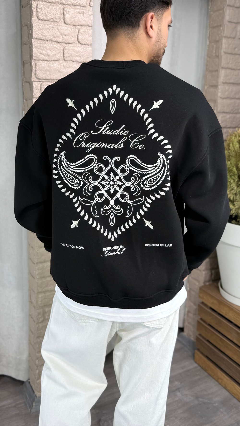 Oversize Bisiklet Yaka Baskılı Sweatshirt