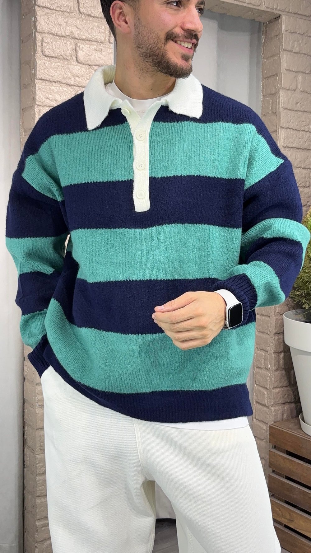 Oversize Çizgili Yün Triko