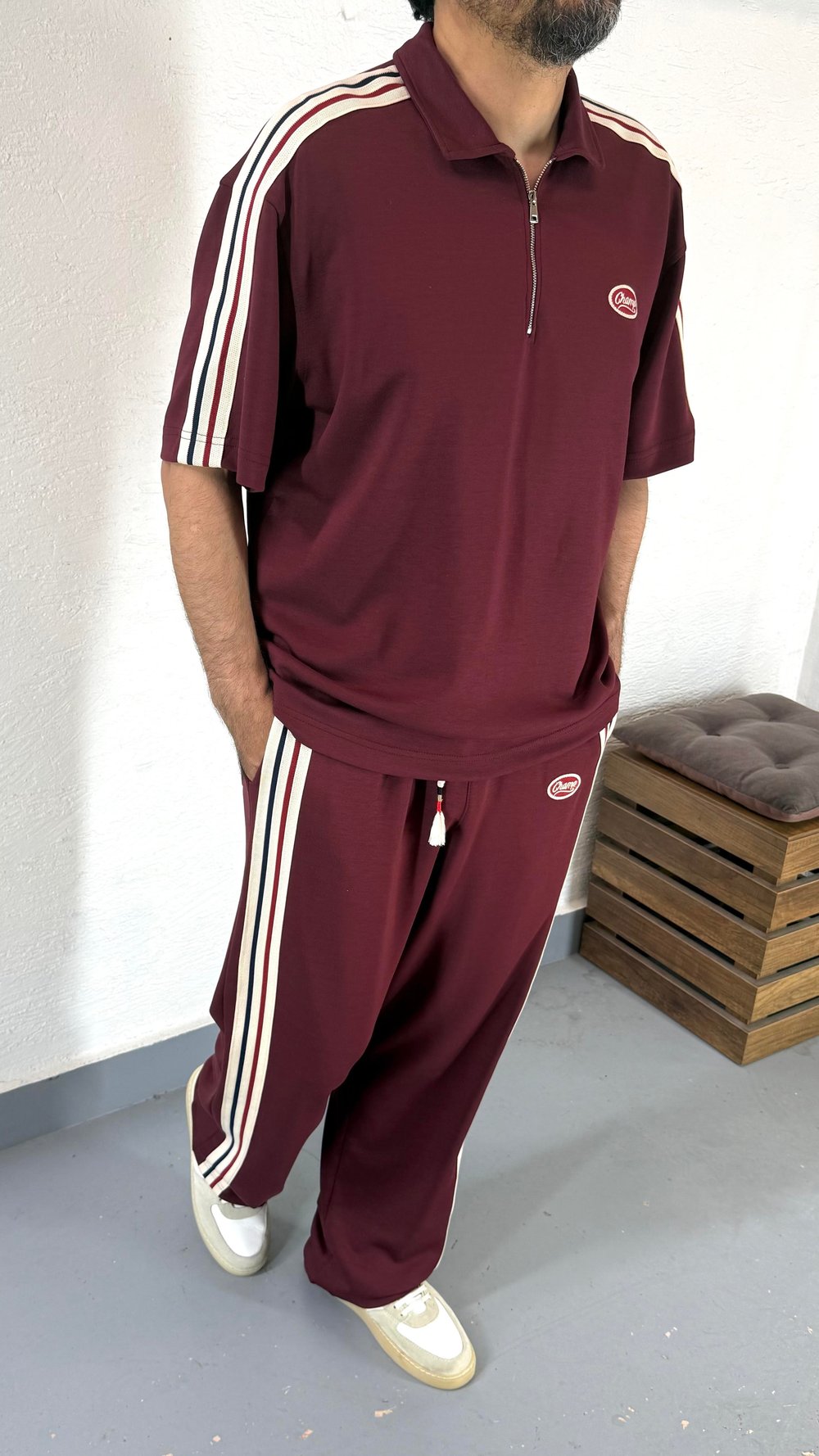 Oversize Fermuarlı Polo Yaka TShirt ve Baggy Eşofman Şerit Detay